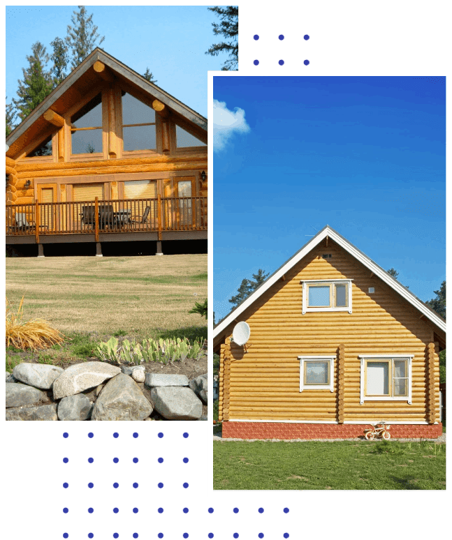 A collage of two different houses with grass and rocks.