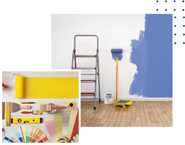 A ladder and some paint brushes on the floor