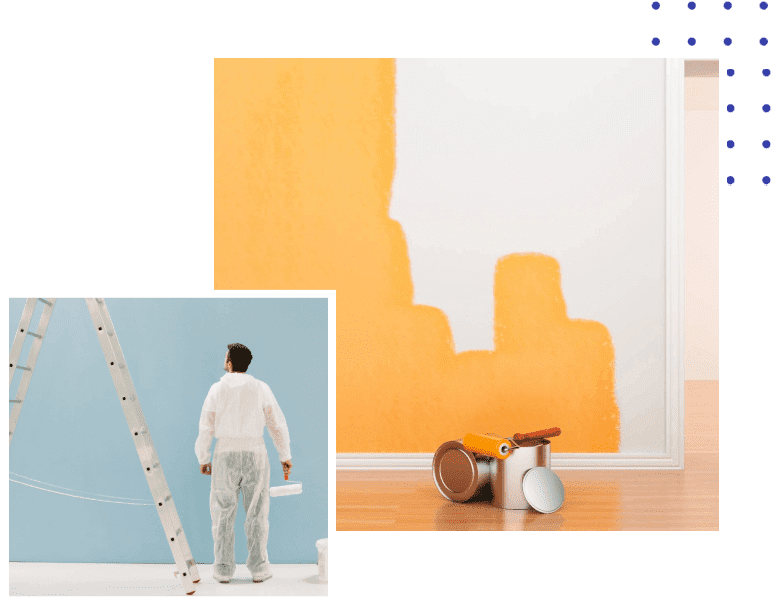 A man standing in front of a ladder and painting.