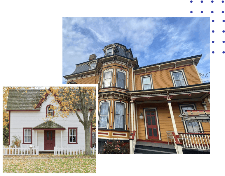 A picture of two different houses with one being a house that has been painted white.