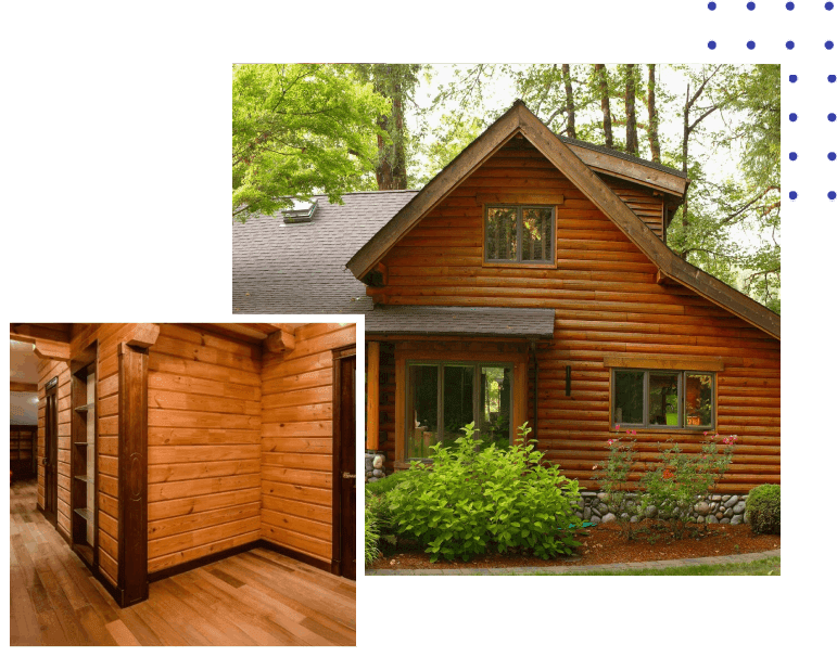 A picture of a log cabin with the door open.