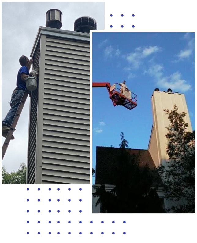 A man on a ladder and another person in the air